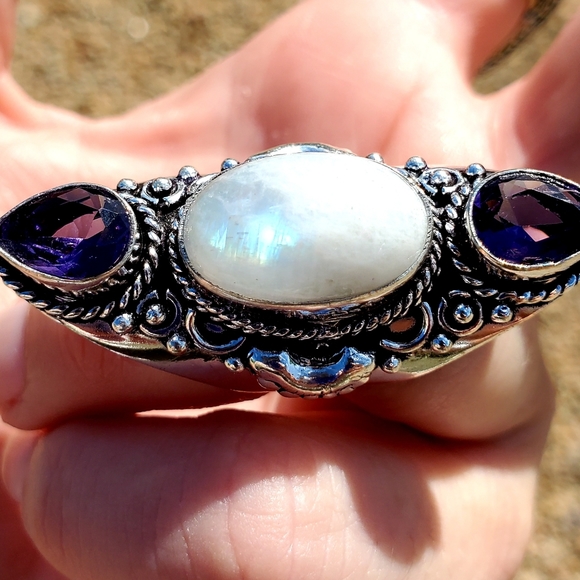 New Rainbow Moonstone & Amethyst 925 Silver Statement Ring. - Picture 7 of 16